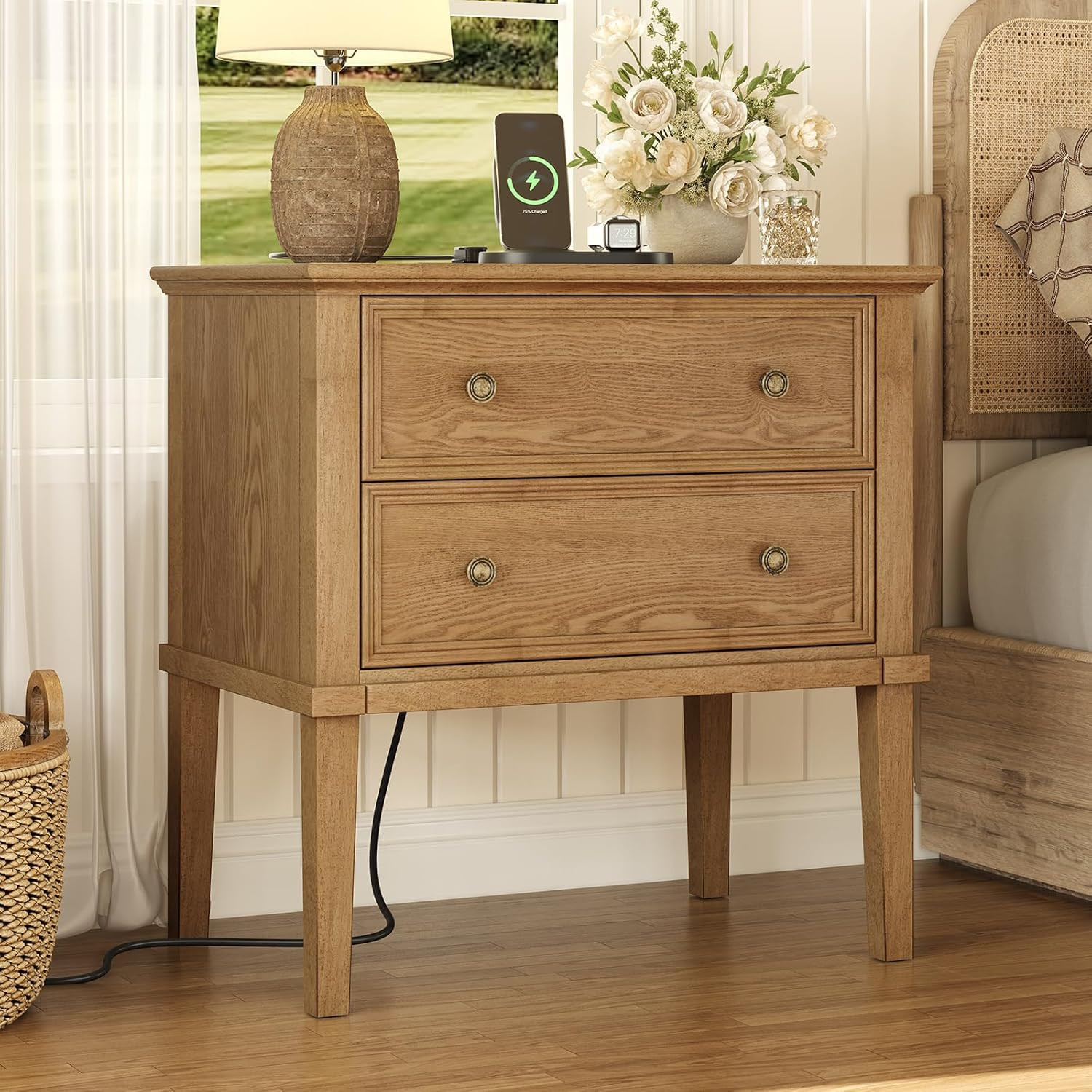 IKENO Solid Wood Nightstand with Charging Station, Farmhouse End Table with 2 Solid Wood Drawers, Farmhouse Style Side Table, Suitable for Bedroom, Teak | Amazon (US)