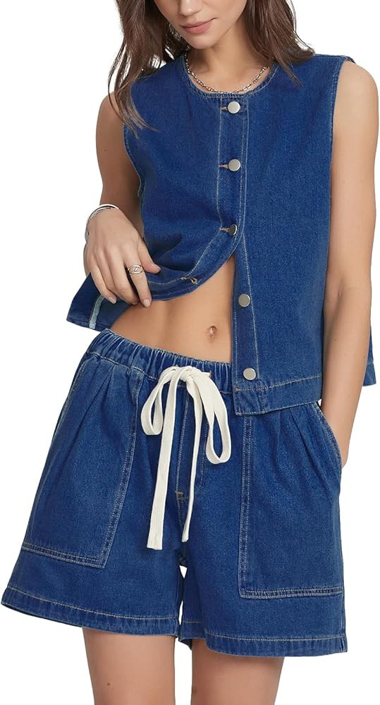 Kedera Denim Two Piece Outfits for Women Casual Sleeveless Denim Vest with Elastic Waist Baggy Je... | Amazon (US)