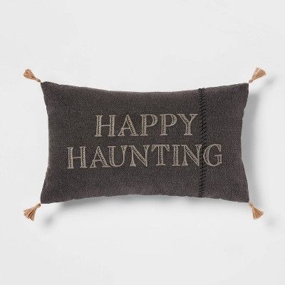 Embroidered &#39;Happy Haunting&#39; Stitched Lumbar Throw Pillow Black - Threshold&#8482; | Target