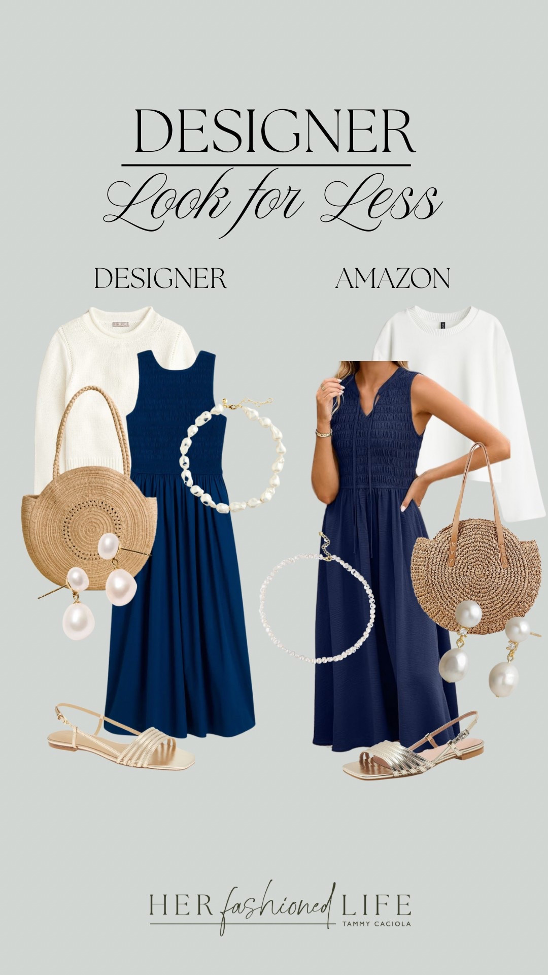 Designer for less! Navy blue brings all the feels of New England 🏴󠁧󠁢󠁥󠁮󠁧󠁿#Summer #Dress #Sandals #Sweater #NavyBlue #White #StrawPurse #Earrings #Pearls 
