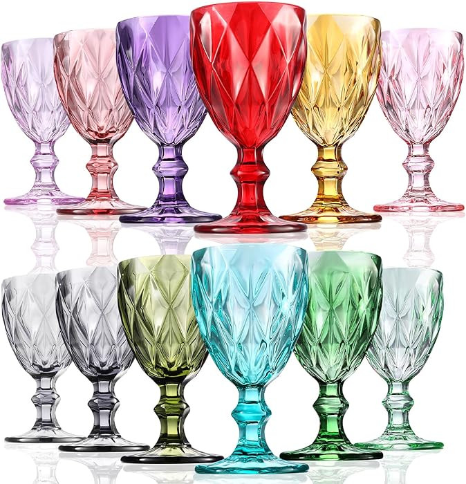 meekoo 12 Pcs Colored Wine Glasses Set - 8 oz Vintage Solid Colors Glass Goblets Beverage Stemmed... | Amazon (US)