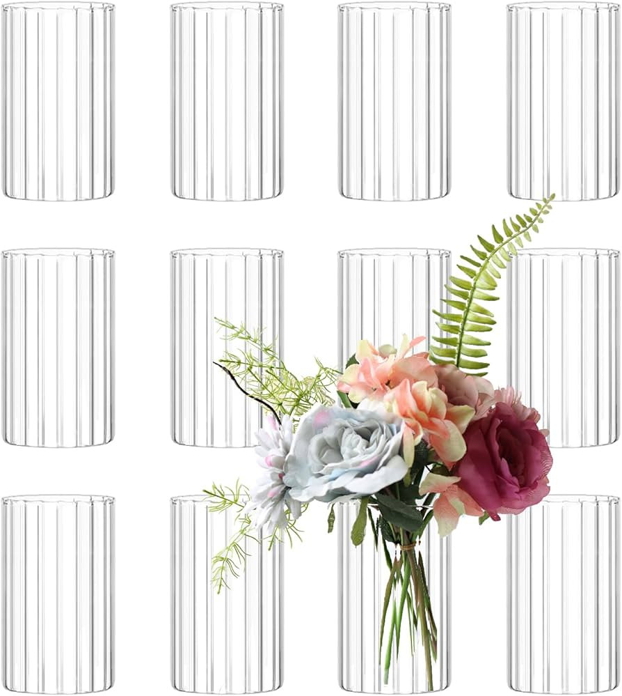 12Pcs Glass Cylinder vases for Centerpieces, 6 Inches Clear Ribbed Bud Vases for Wedding Decorati... | Amazon (US)