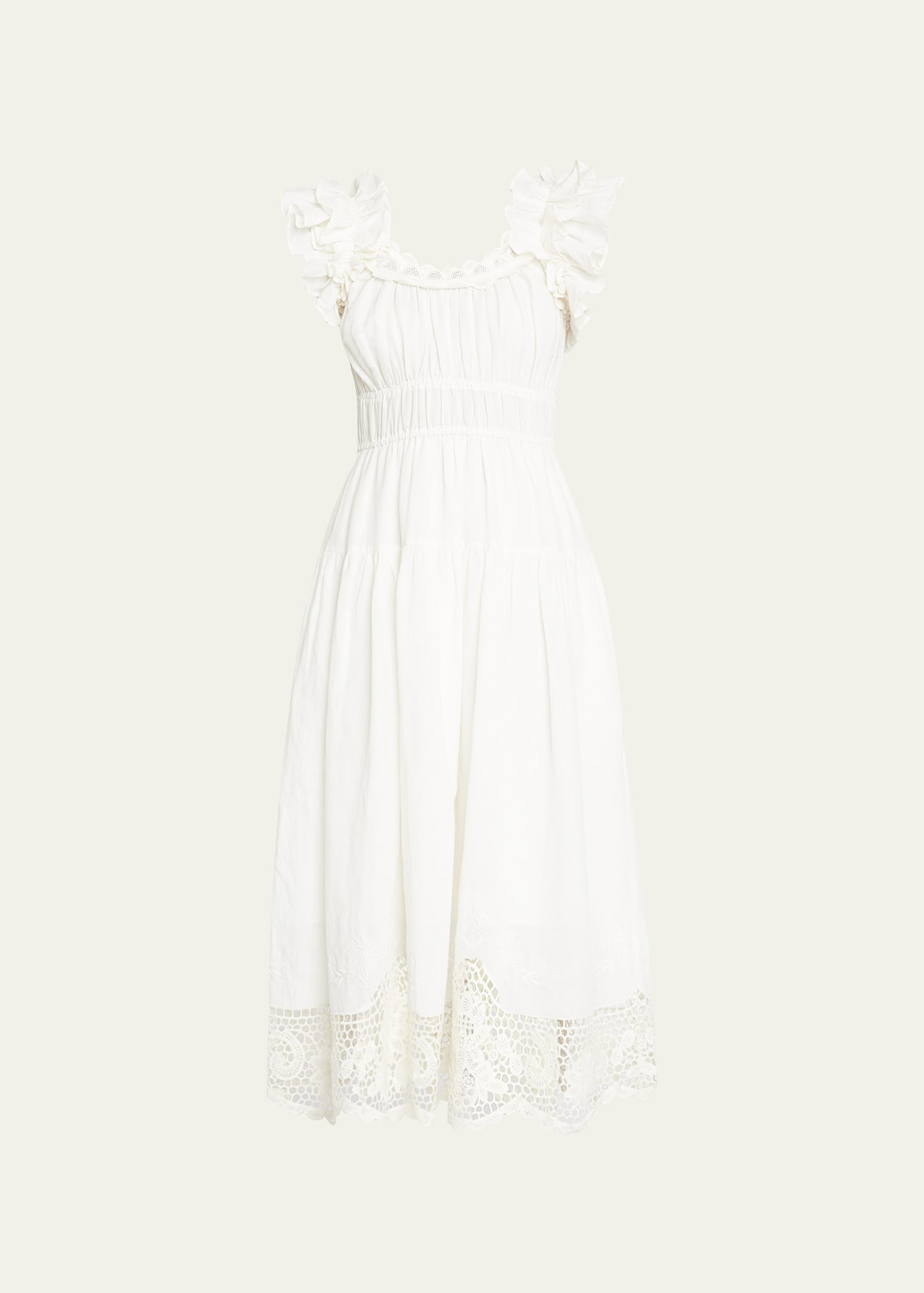 Ulla Johnson Leona Cotton-Linen Lace-Hem Midi Dress | Bergdorf Goodman