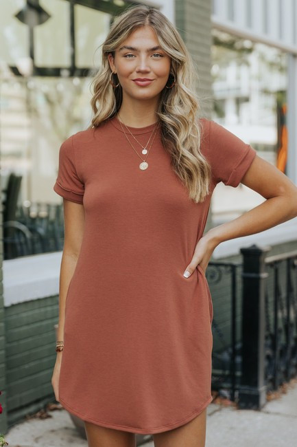 Cognac French Terry T-shirt Dress - FINAL SALE | Magnolia Boutique