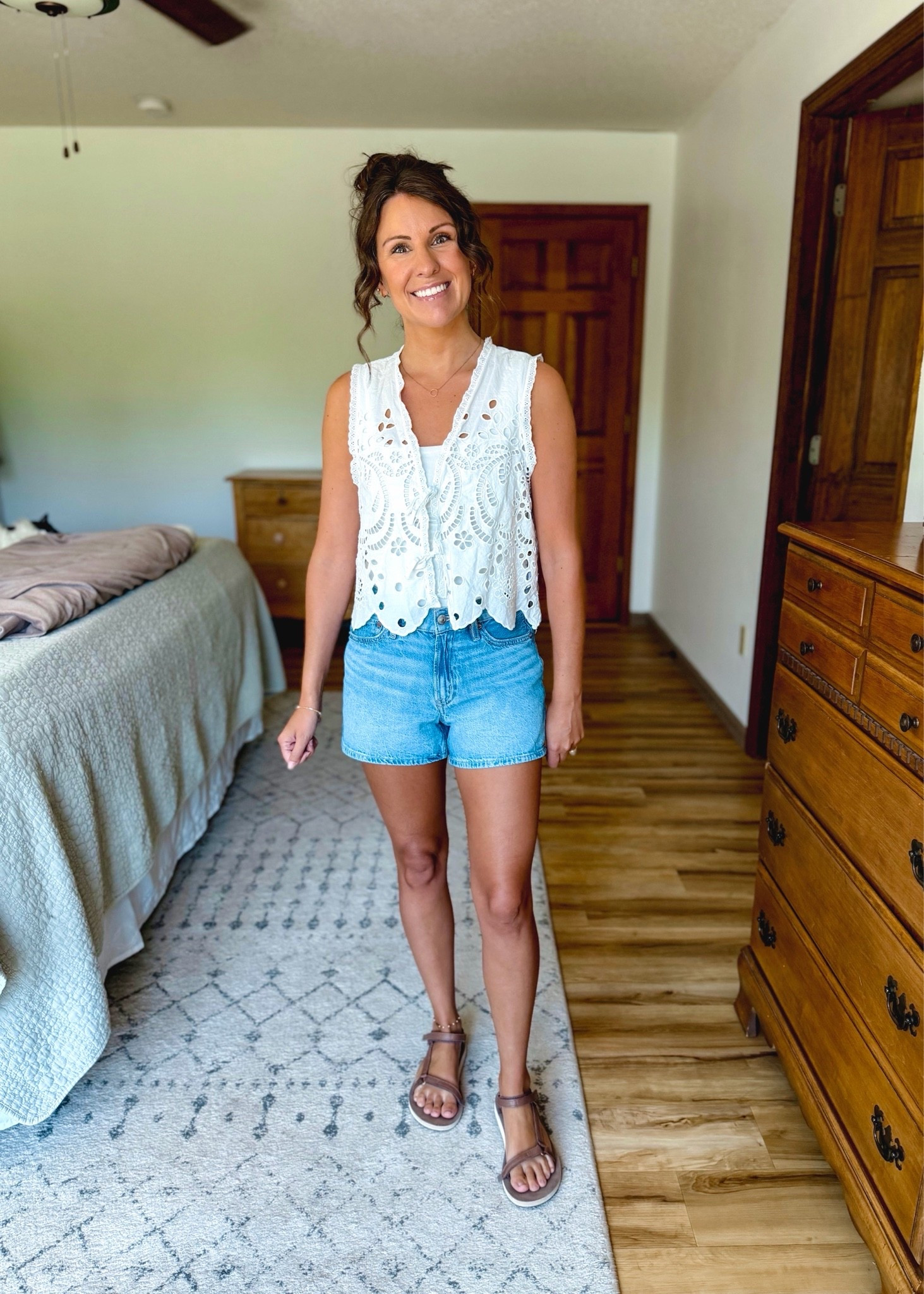 small in my tank, small in my eyelet tank (I also have black and brown), and 00 in my denim shorts (dream blue). My teva sandals are size 6.