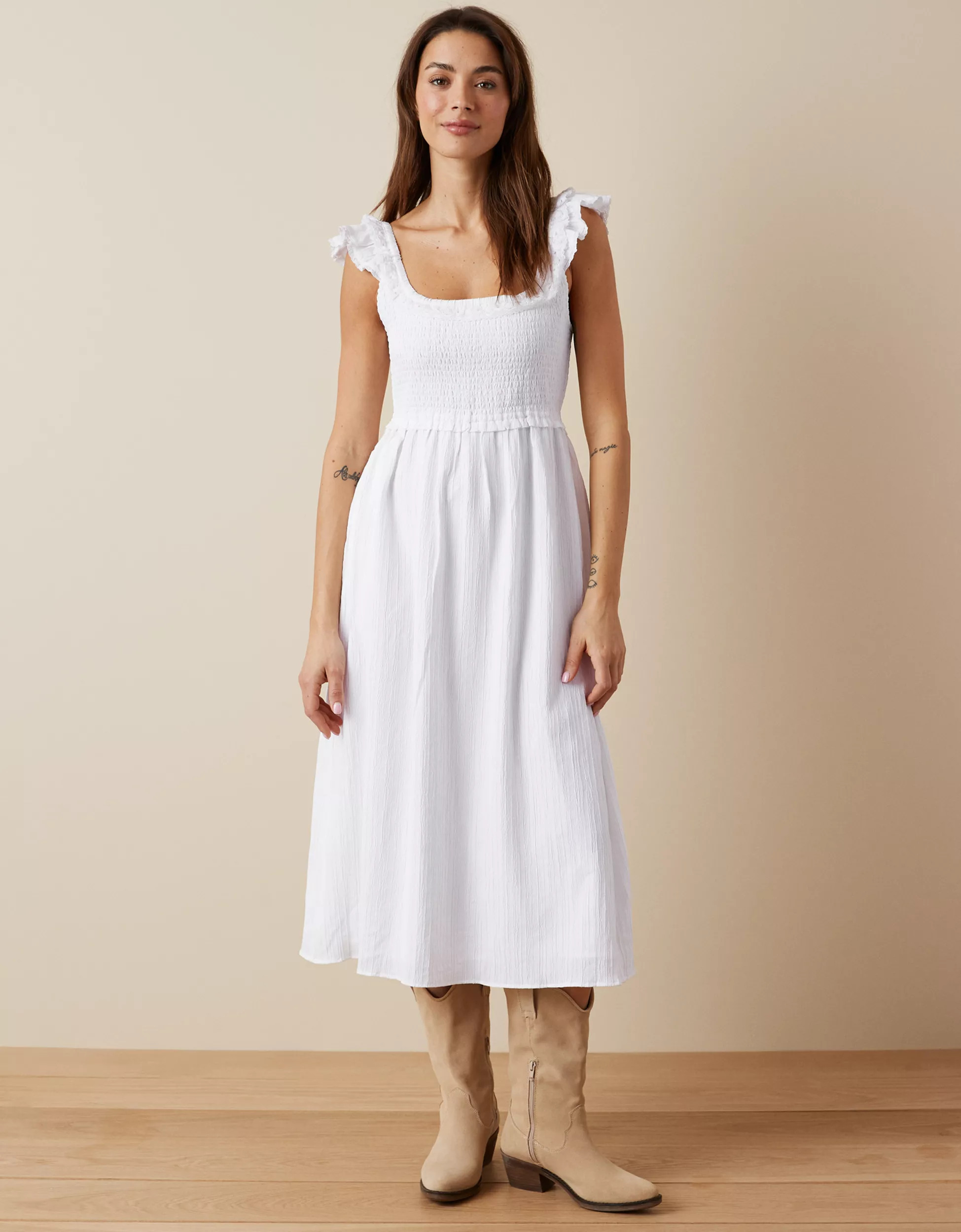 AE Flutter Sleeve Smocked Midi Dress | American Eagle Outfitters (US & CA)