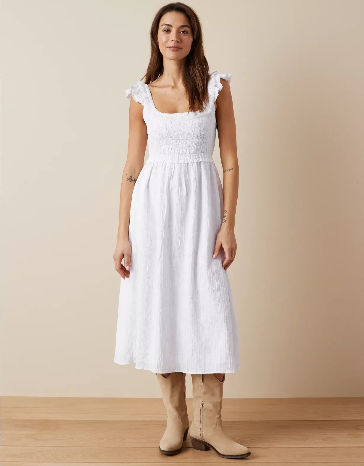 AE Flutter Sleeve Smocked Midi Dress | American Eagle Outfitters (US & CA)