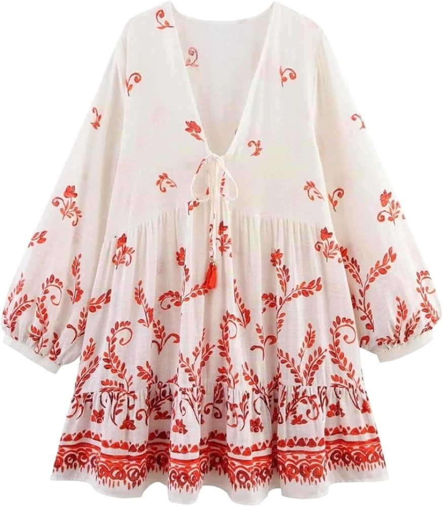 Women's Printed Long Sleeve V-Neck Temperament Mini Dress | Amazon (US)