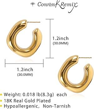 Chunky Gold Hoops Earrings for Women Thick 18K Real Gold Plated Open Hoop Lightweight Hollow Earr... | Amazon (US)