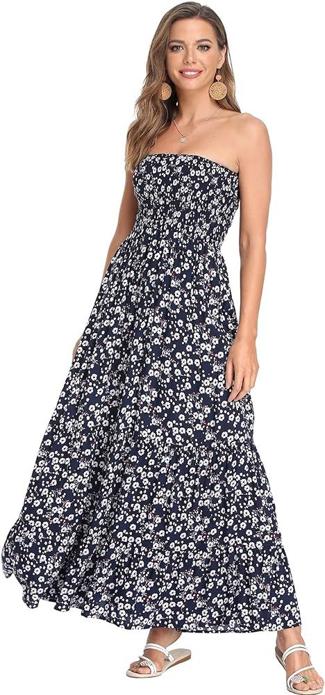VintageClothing Women's Floral Smocked Tube Top Maxi Dresses Summer Strapless Boho Beach Long Dress | Amazon (US)
