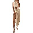 Fisoew Womens Crochet Swim Cover Ups 2 Piece Sleeveless Crop Tops Beach Wrap Skirt Hollow Out Boh... | Amazon (US)