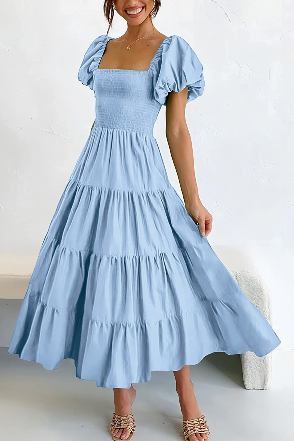 PRETTYGARDEN Women's Casual Summer Midi Dress Puffy Short Sleeve Square Neck Smocked Tiered Ruffl... | Amazon (US)