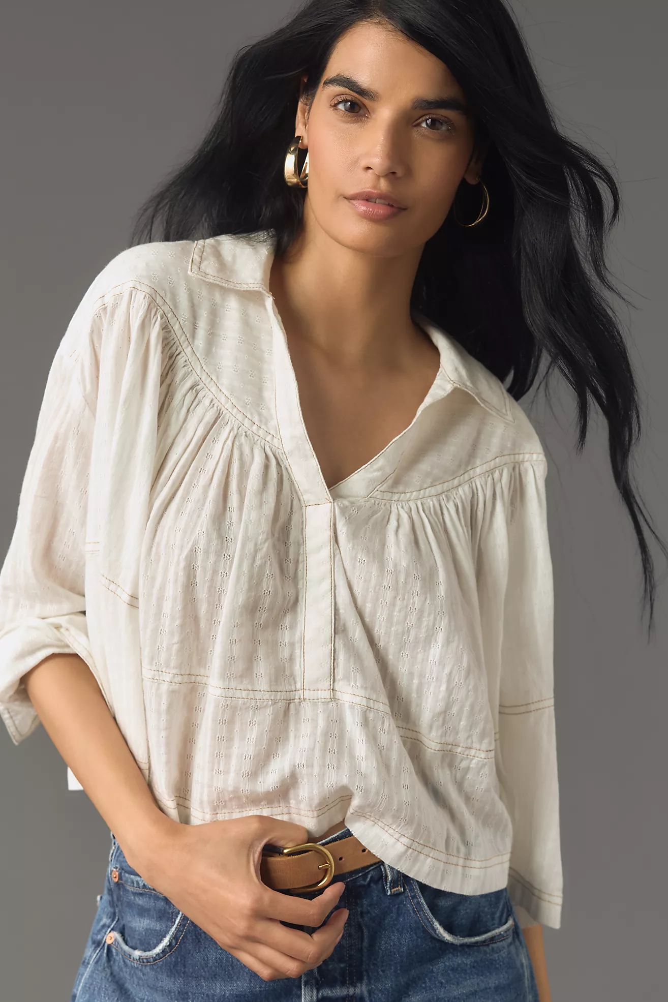 Pilcro Long-Sleeve Cropped Swing Blouse | Anthropologie (US)