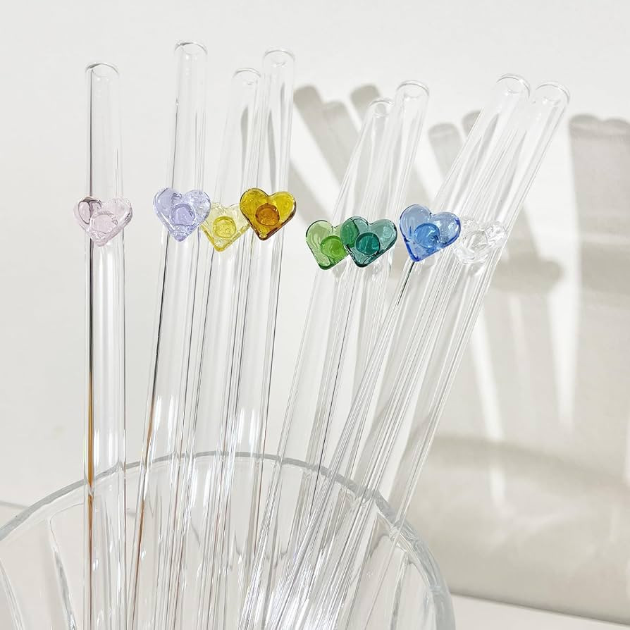 Reusable Glass Straws 8 Colorful Heart-Shaped Bent Straws with Cleaning Brushes, 8"x 0.3" Thick C... | Amazon (US)
