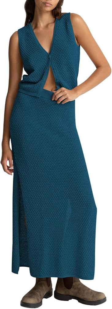 Pink Queen Women's Summer 2 Piece Outfit Set V Neck Button Crop Tank Top Vest Bodycon Maxi Long S... | Amazon (US)