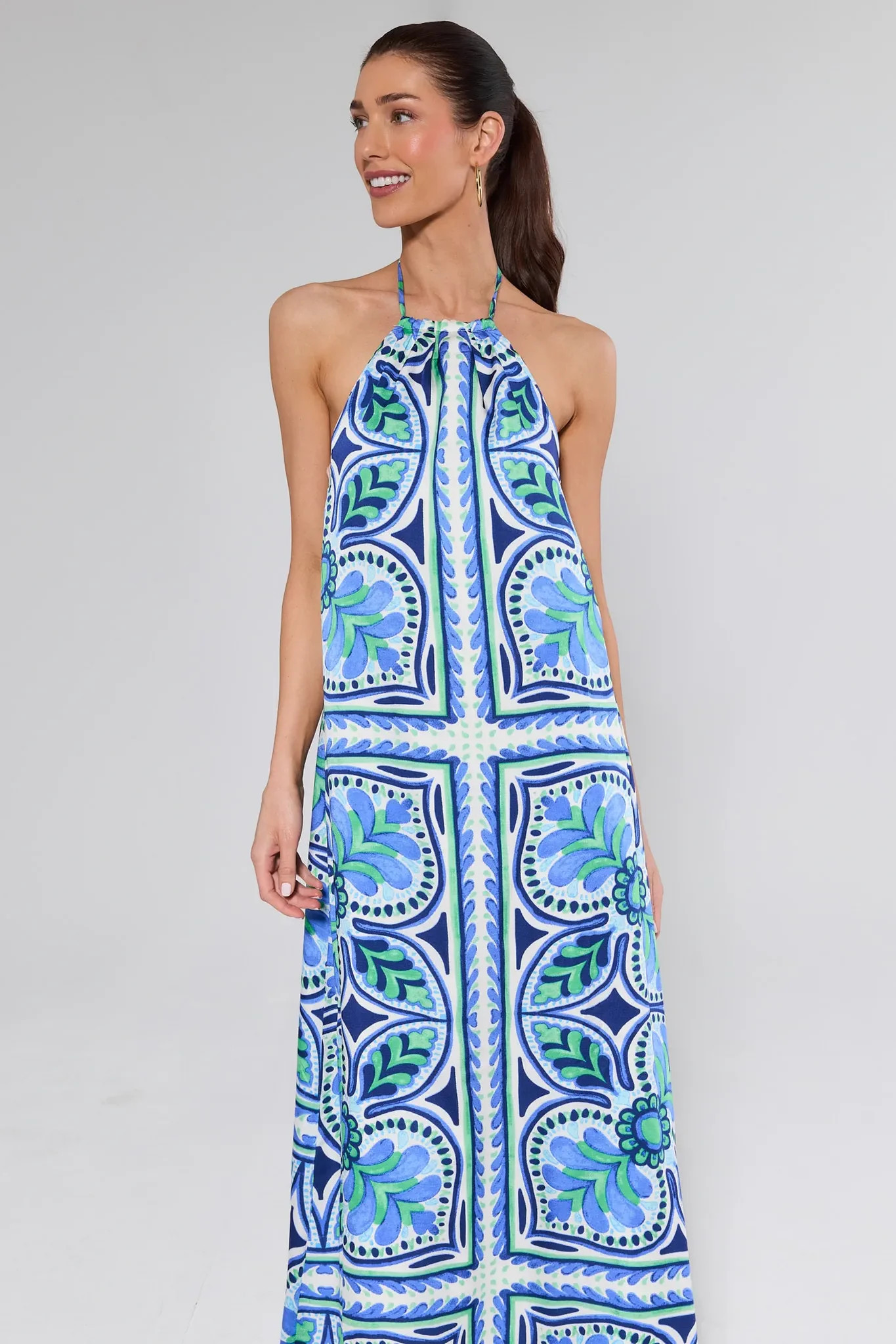 Marina Blue Printed Halter Dress | Avara