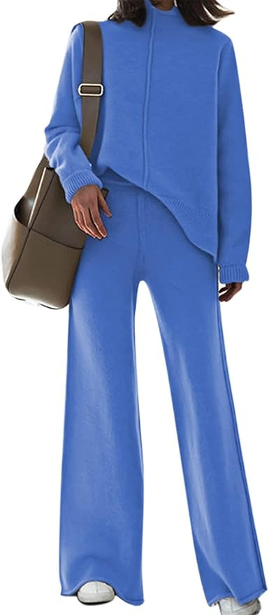 Women 2 Piece Outfits High Neck Knitted Sweater Wide Leg Pant Sweatsuit Lounge Sets | Amazon (US)