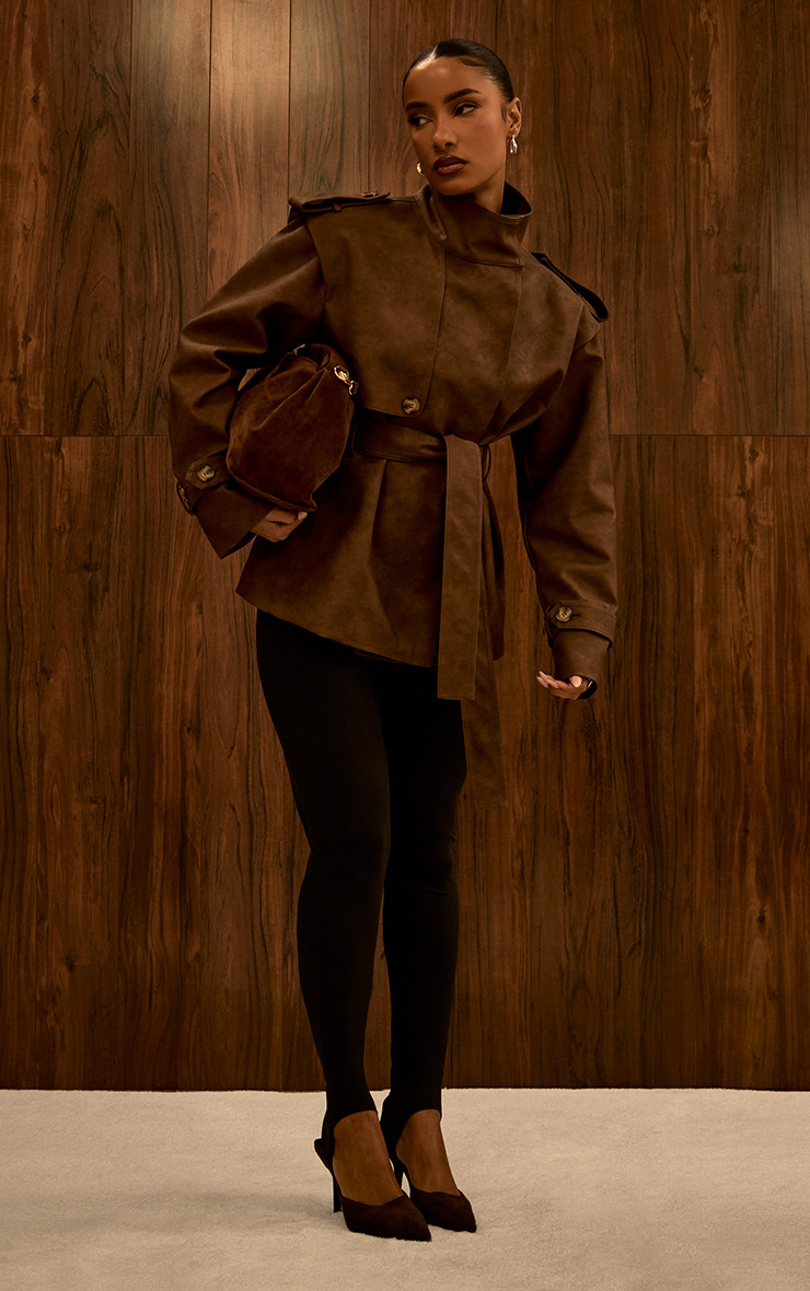 Long Sleeve Funnel Neck Trench Jacket In Chocolate Brown Faux Leather | EGO (UK)