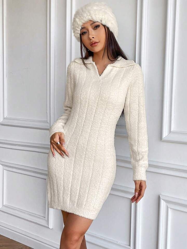 SHEIN EZwear Solid Ribbed Knit Sweater Dress | SHEIN