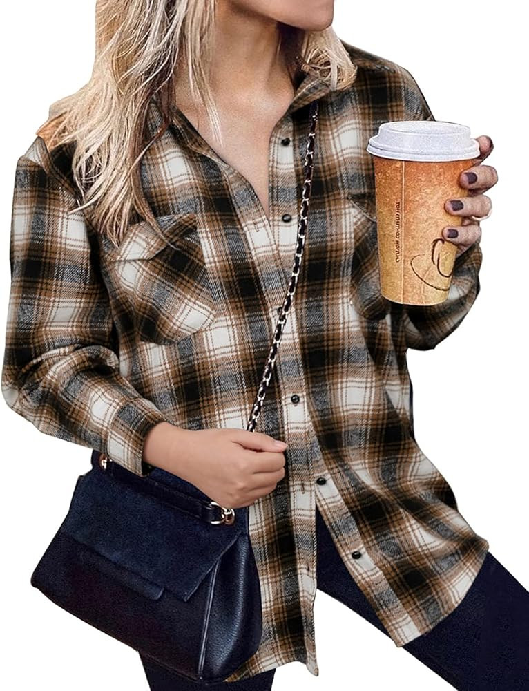 BTFBM Women Long Sleeve Shirts Button Down Plaid Loose Casual Flannel Fall Blouse Shirt Jacket Sh... | Amazon (US)