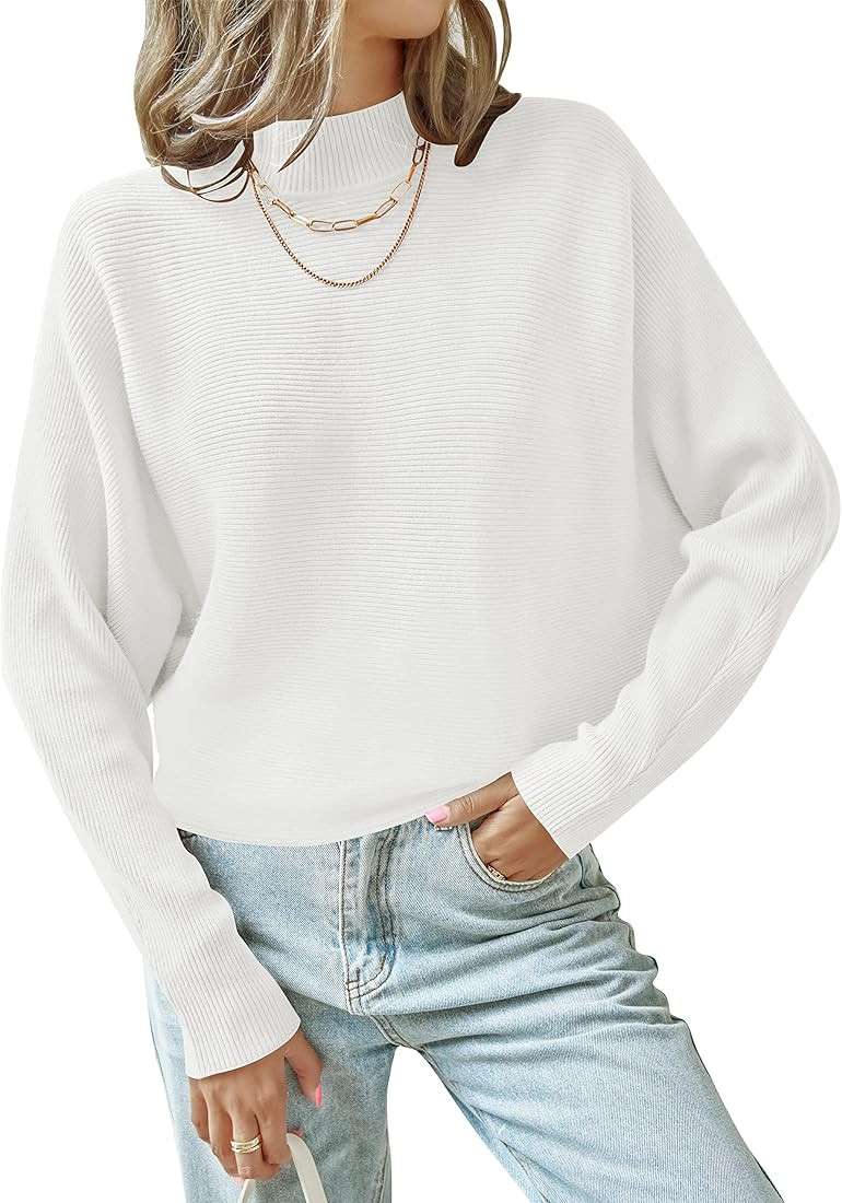 ZESICA Women's 2024 Fall Turtleneck Batwing Long Sleeve Ribbed Knit Casual Soft Pullover Sweater ... | Amazon (US)