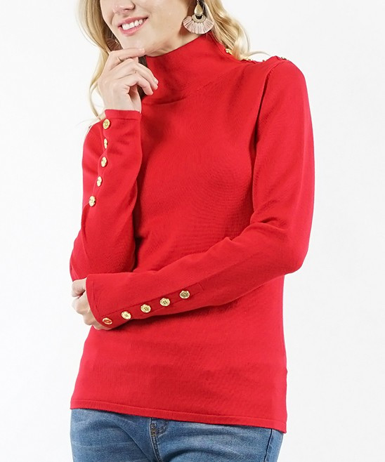 Lydiane Women's Pullover Sweaters RED - Red Turtle Neck Button-Accent Sweater - Women | Zulily