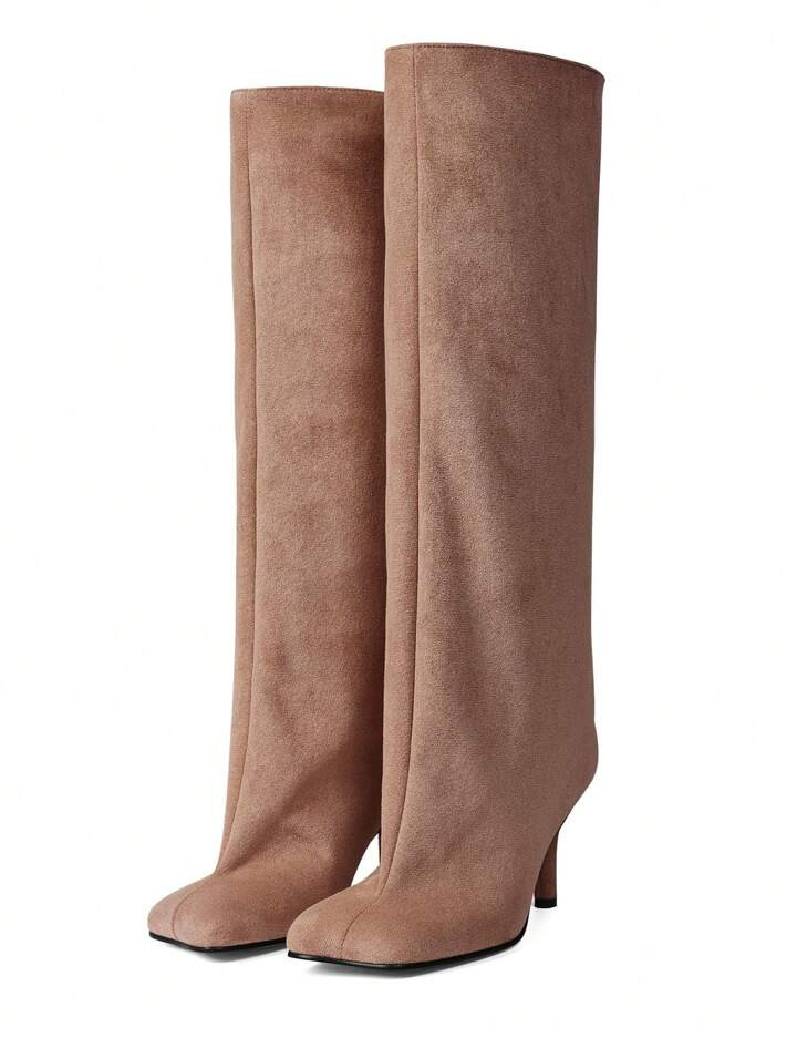 Knee High Boots Women Square Toe Stiletto Heel Tall Boots Wide Calf Long Boots Heeled Slouchy Boo... | SHEIN