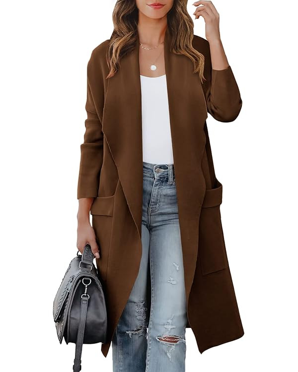 ANRABESS Women's Casual Long Sleeve Draped Open Front Knit Pockets Long Cardigan Jackets Sweater | Amazon (US)