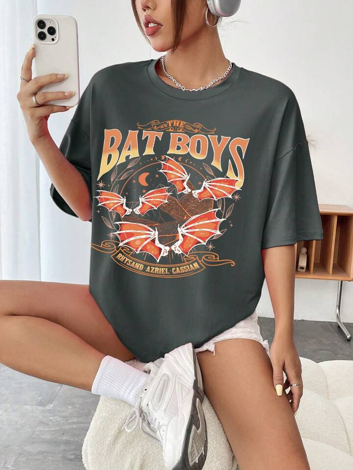 SHEIN EZwear Loose Batwing Sleeve Alphabet Print Tee | SHEIN