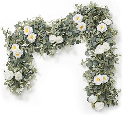 Eucalyptus Garland with 9 White Rose- 6.6 Feet Artificial Floral Vines for Wedding- Table Runner- Do | Amazon (US)