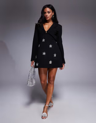 ASOS LUXE structured tailored embellished long sleeve dress in black | ASOS (Global)