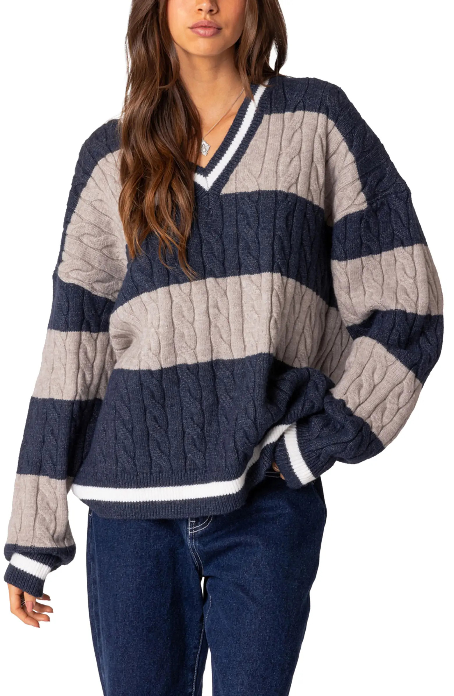 EDIKTED Romie Cable Knit V-Neck Sweater | Nordstrom | Nordstrom