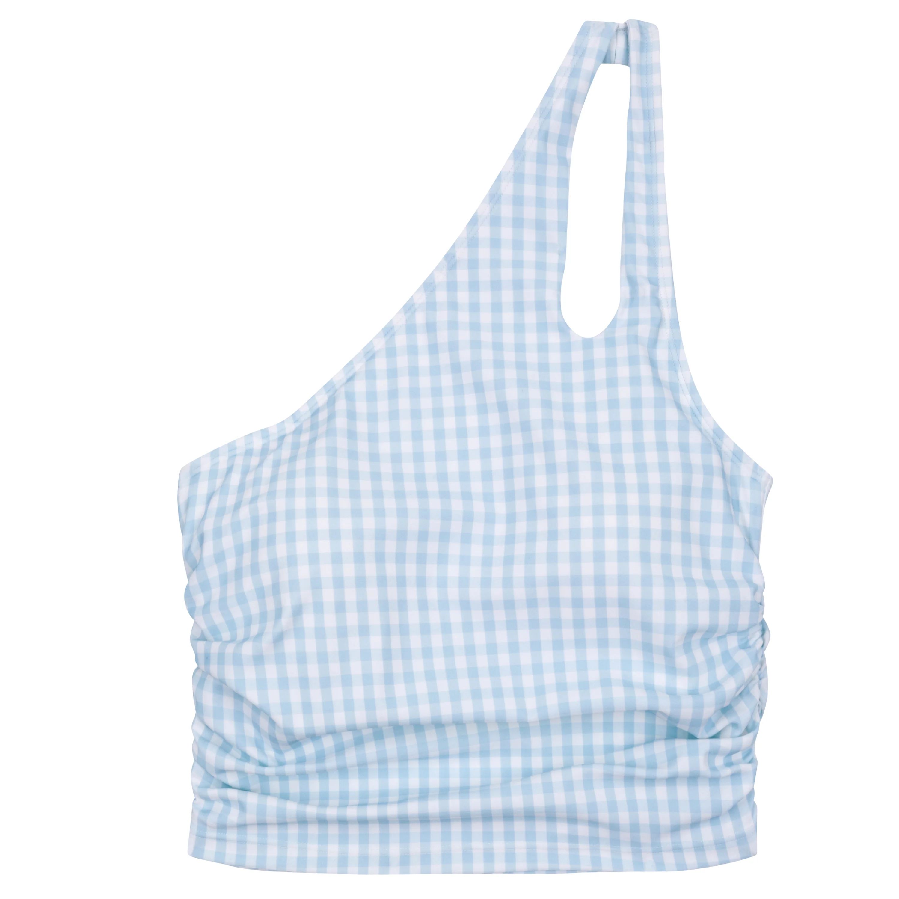 Women’s One Shoulder Crop Bikini Top | “Blue Gingham” | SwimZip