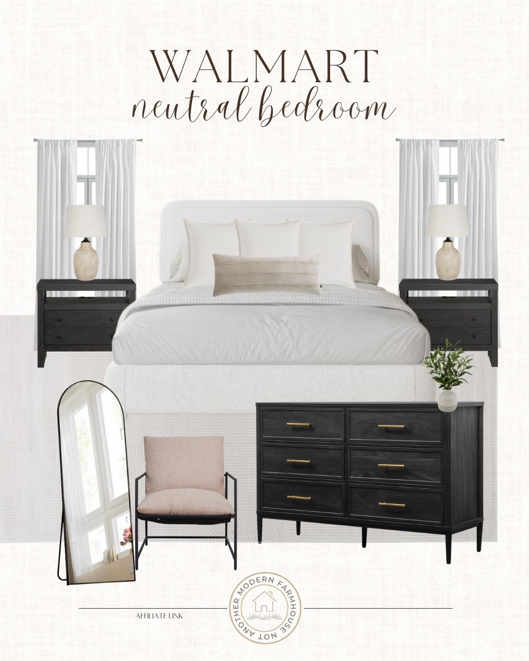 Walmart neutral bedroom finds 🖤 black nightstand and dresser, affordable furniture, white bed, modern farmhouse style, Walmart home, styled room inspo 

 #LTKHome #LTKStyleTip
