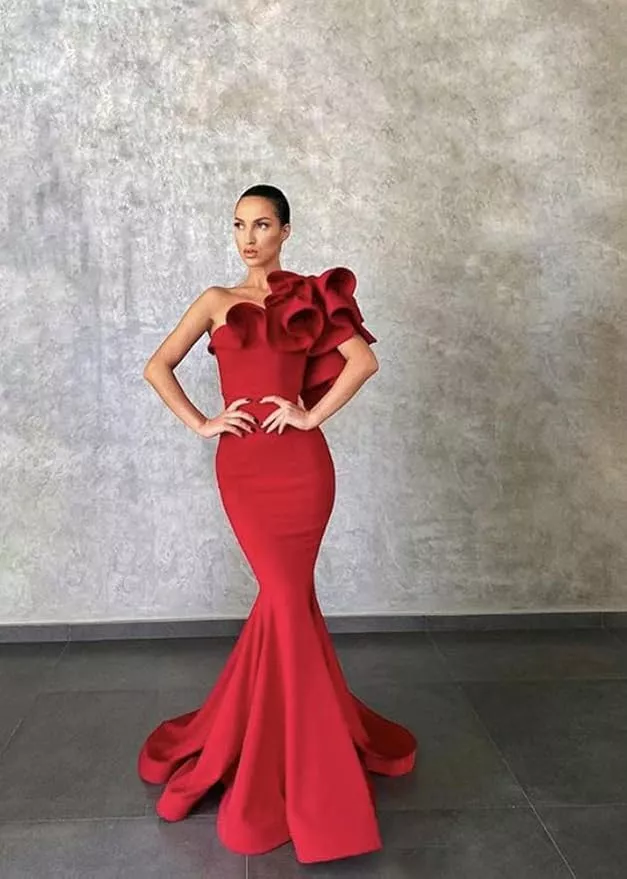 Jessel Taank's Red One Shoulder Ruffled Confessional Look