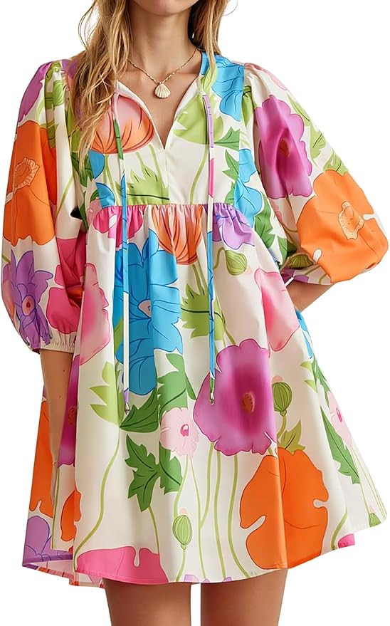 Yousify Womens Summer Dresses Floral Mini Babydoll Dress V Neck Puff Sleeve Loose Fit Boho Beach ... | Amazon (US)