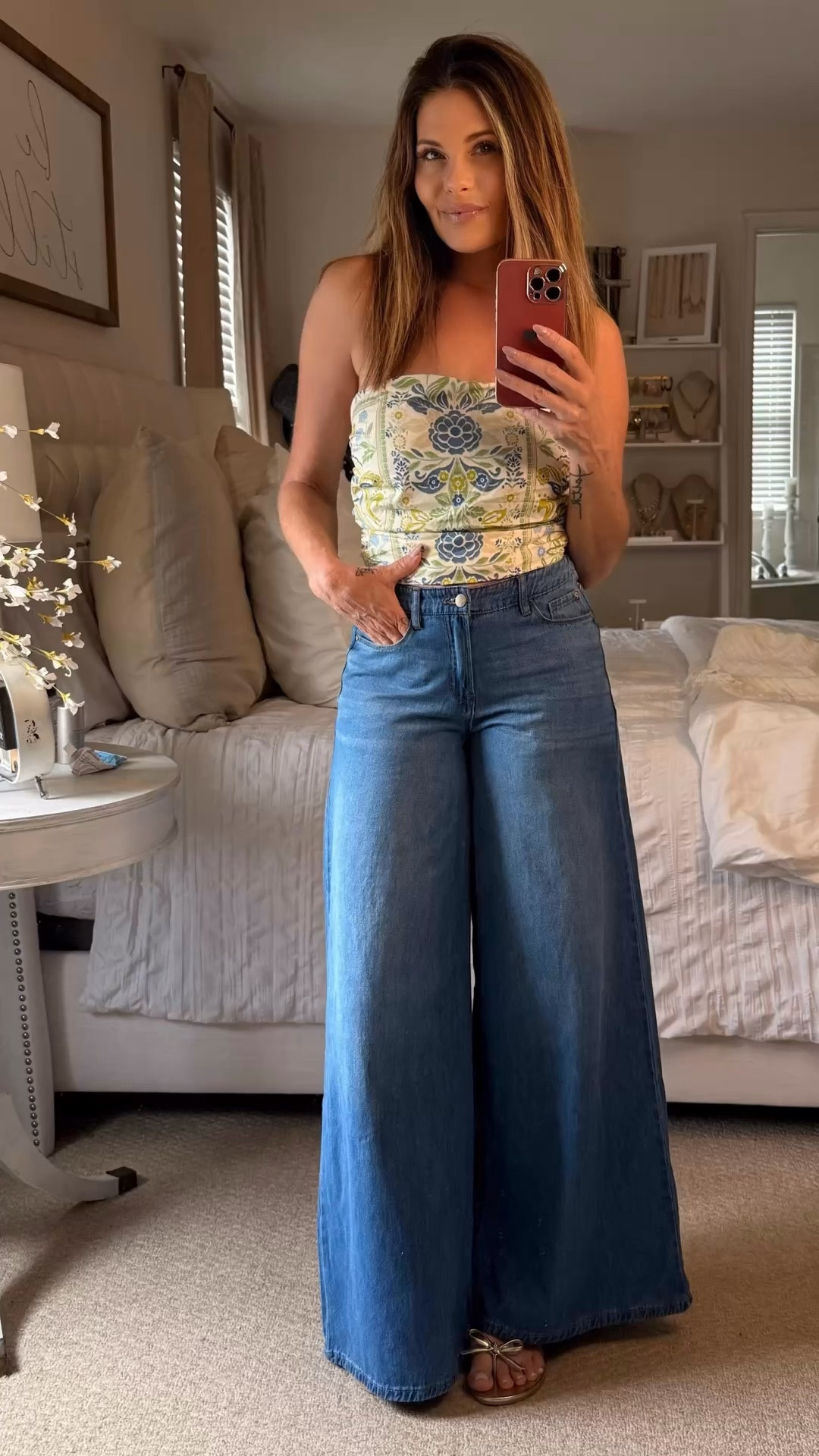 The perfect denim and bandeau top. 

Jeans - size up (1), bandeau top by Band of the Free Los Angeles @tjmaxx//flip flops - size up 1/2 size//blazer - tts

#LTKdayinmylife #LTKOver40