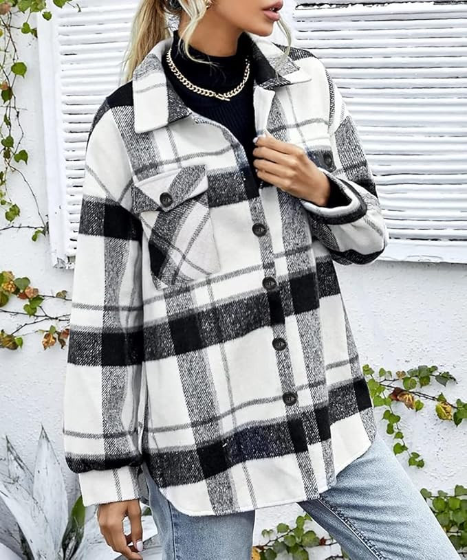 AUTOMET Womens Casual Plaid Shacket Wool Blend Button Down Long Sleeve Shirt Fall Jacket Shackets | Amazon (US)