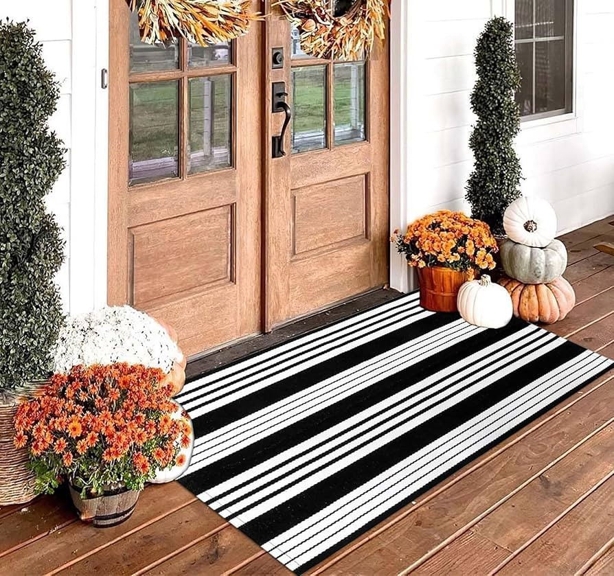 Front Porch Rug 24'' x 51'' Black and White Striped Outdoor Rug Washable Front Door Mat Entryway ... | Amazon (US)