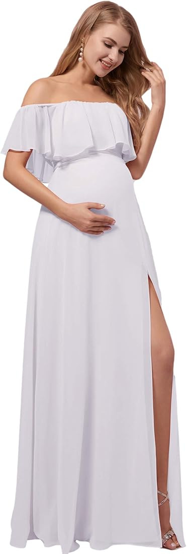 Ever-Pretty Womens Off-Shoulder Side Slit Long Chiffon Ruffle Pregnancy Party Dress Maternity Pho... | Amazon (US)
