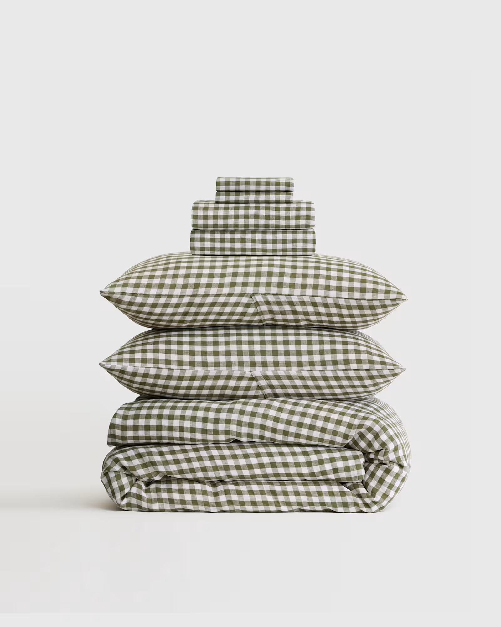 European Linen Gingham Deluxe Bedding Bundle in Olive | Quince