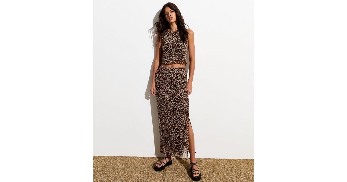 Brown Leopard Print Frill Trim Slitted Mesh Maxi Skirt  | New Look | New Look (UK)