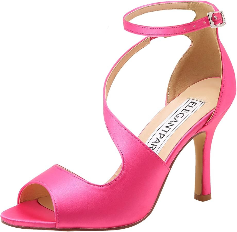 ELEGANTPARK Women's Peep Toe High Heels Ankle Straps Buckles Satin Evening Party Prom Sandals | Amazon (US)