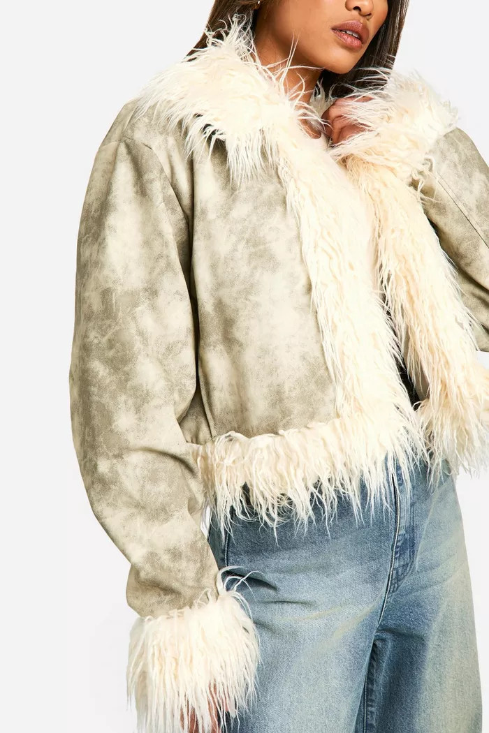 Vintage Look Faux Leather Faux Fur Trim Jacket | boohoo (US & Canada)