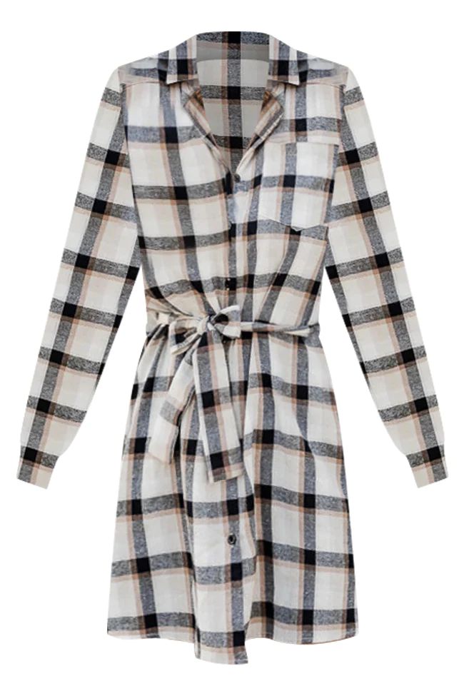 Out Of My Control Plaid Tie Waist Tan Dress | Pink Lily