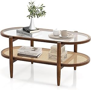 Tangkula Rattan Coffee Table, 40”L Boho Oval Acacia Wood Cocktail Table with Tempered Glass Tab... | Amazon (US)