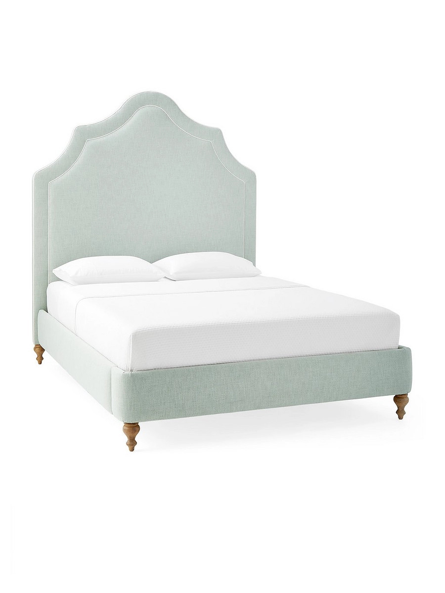 Pondicherry Double Piped Bed in Perpetua Performance Cotton Seaglass with White Piping | Serena and Lily
