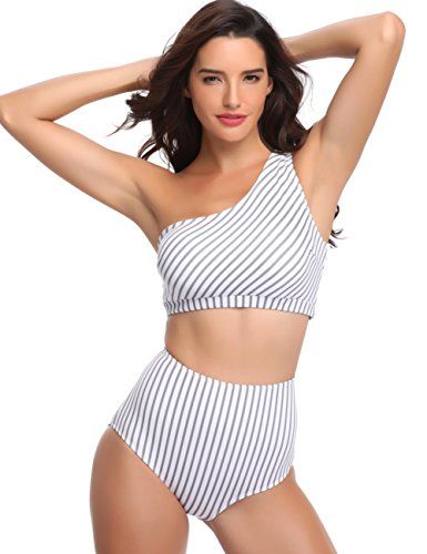 GEMAN Women Padded Stripe Bikini Set One Shoulder 2 Piece Swimwear (S, Stripe) | Amazon (US)