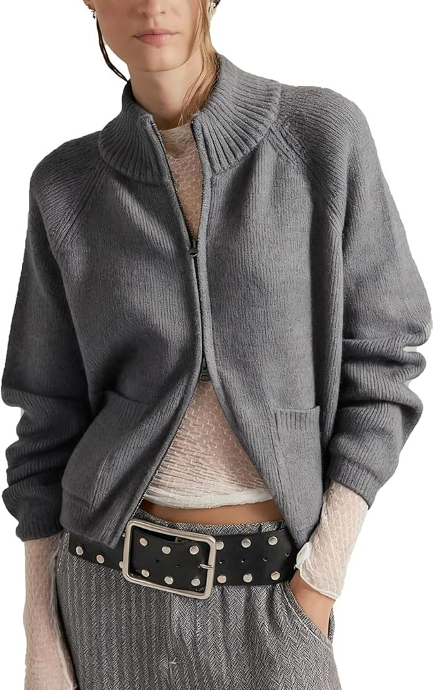 Gnveub Zip Up Sweaters for Women Long Sleeve Chunky Knit Sweater Jackets Cropped Cardigans Outerw... | Amazon (US)