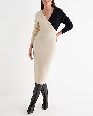 Color Block Ribbed V-Neck Surplice Midi Sweater Dress | Express